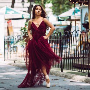 ASOS DESIGN cami pleated tulle maxi dress in oxblood